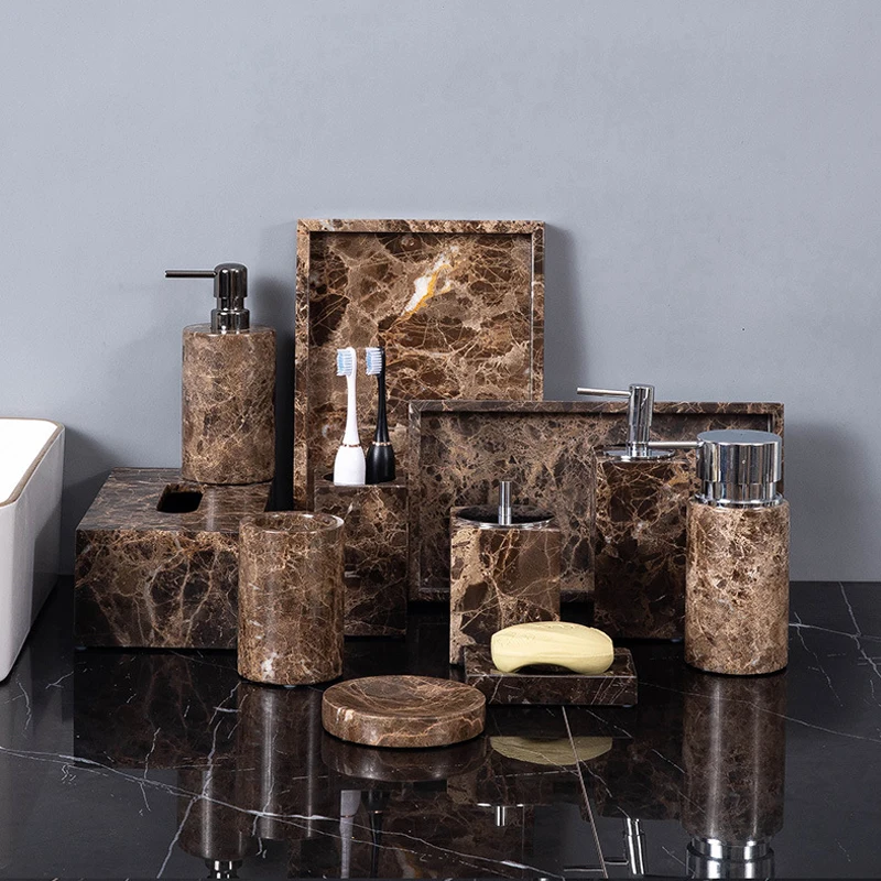 Bamboo Toothbrush Set - Emperador Dark Natural Marble Bathroom Set